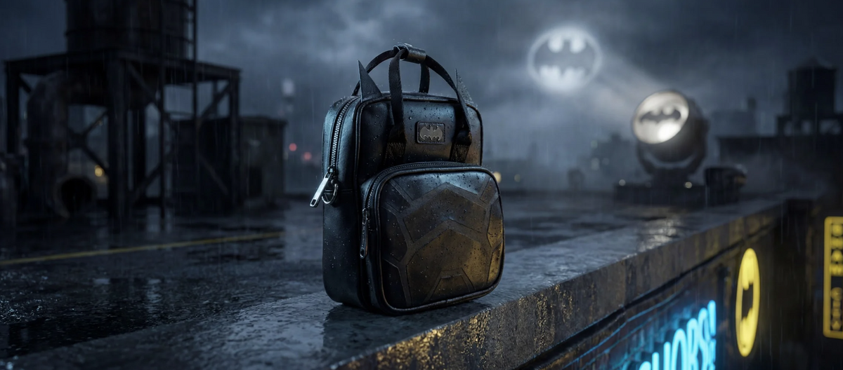 'buckle-down' crossbody bag inspired by DC Comics and Batman on an outdoor ledge with the bat symbol and rain in a city backdrop setting