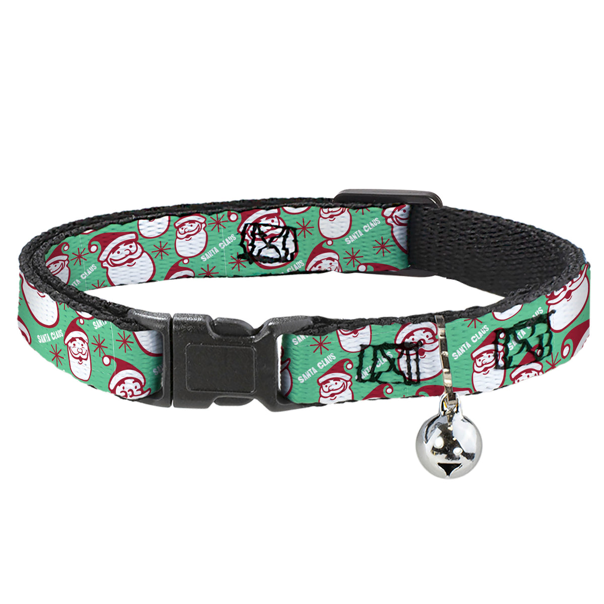 Breakaway Cat Collar with Bell - Jolly SANTA CLAUS Christmas Smiling Face Icon and Text Green/Red/White Cat Collars Breakaway Side Release Buckle-Down