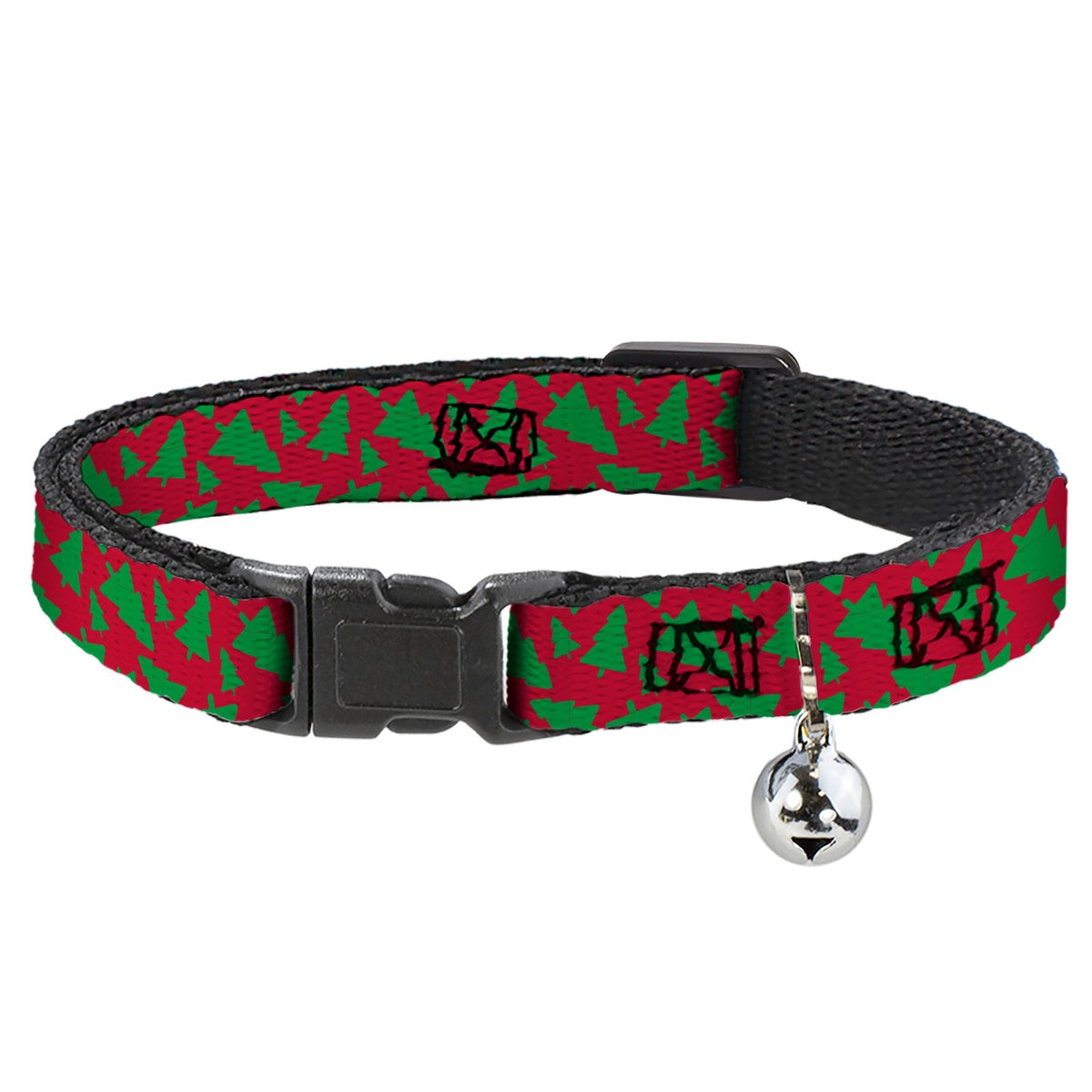 Breakaway Cat Collar with Bell - Holiday Cookie Cutter Christmas Tree Scattered Red/Green Cat Collars Breakaway Side Release Buckle-Down