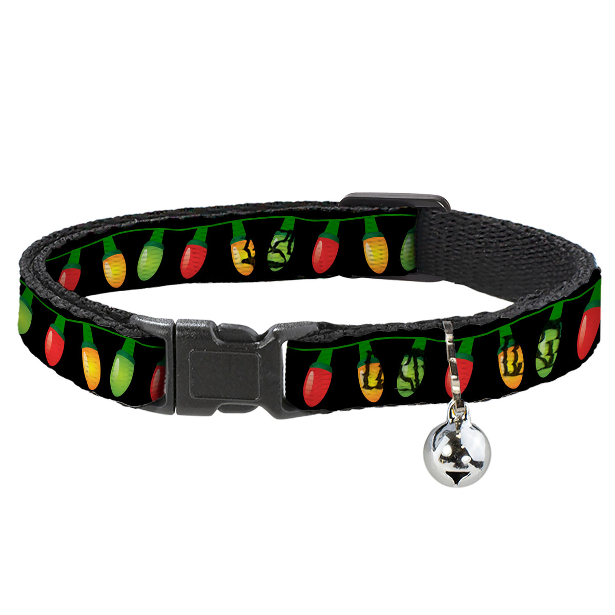 Cat Collar Breakaway - Christmas Lights Black Multi Color Cat Collars Breakaway Side Release Buckle-Down