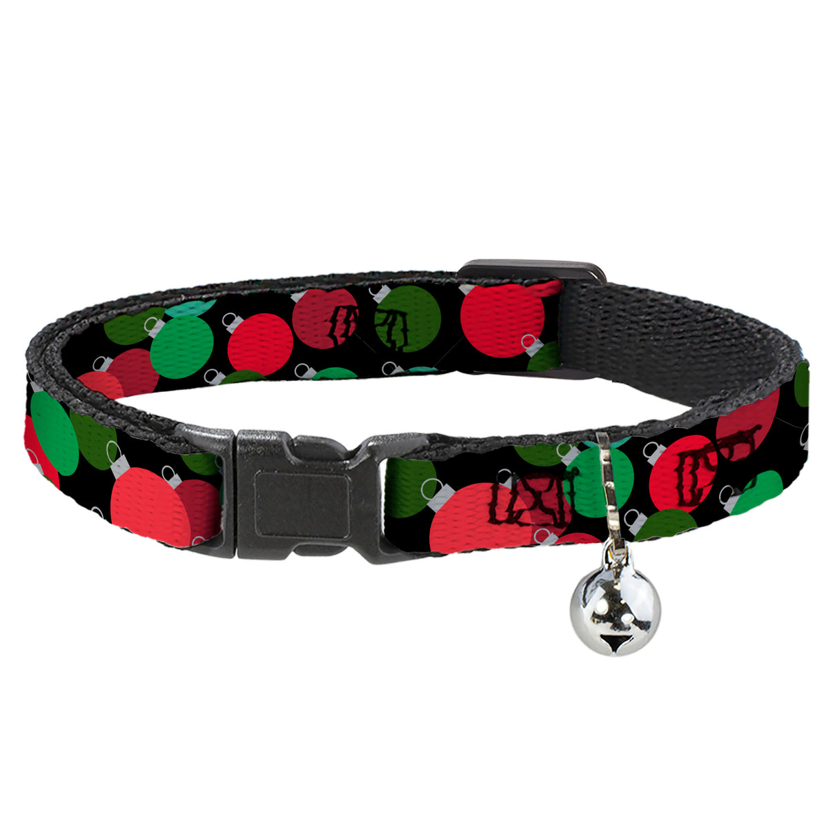 Breakaway Cat Collar with Bell - Christmas Holiday Globe Ball Ornaments Stacked Black/Reds/Greens Cat Collars Breakaway Side Release Buckle-Down