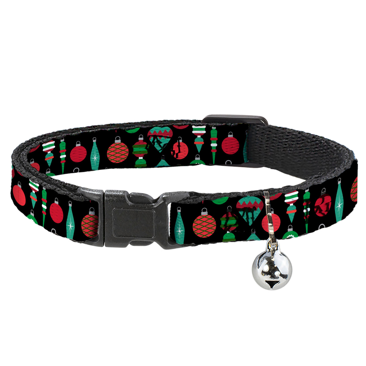 Breakaway Cat Collar with Bell - Christmas Holiday Finial Bauble Ornaments Black/Reds/Greens Cat Collars Breakaway Side Release Buckle-Down