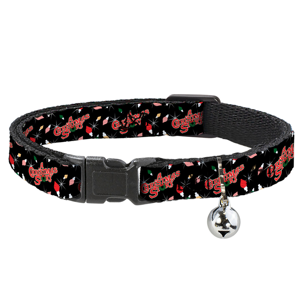 Cat Collar Breakaway with Bell - A CHRISTMAS STORY Title Logo and Lights Black Reds Cat Collars Breakaway Side Release A Christmas Story