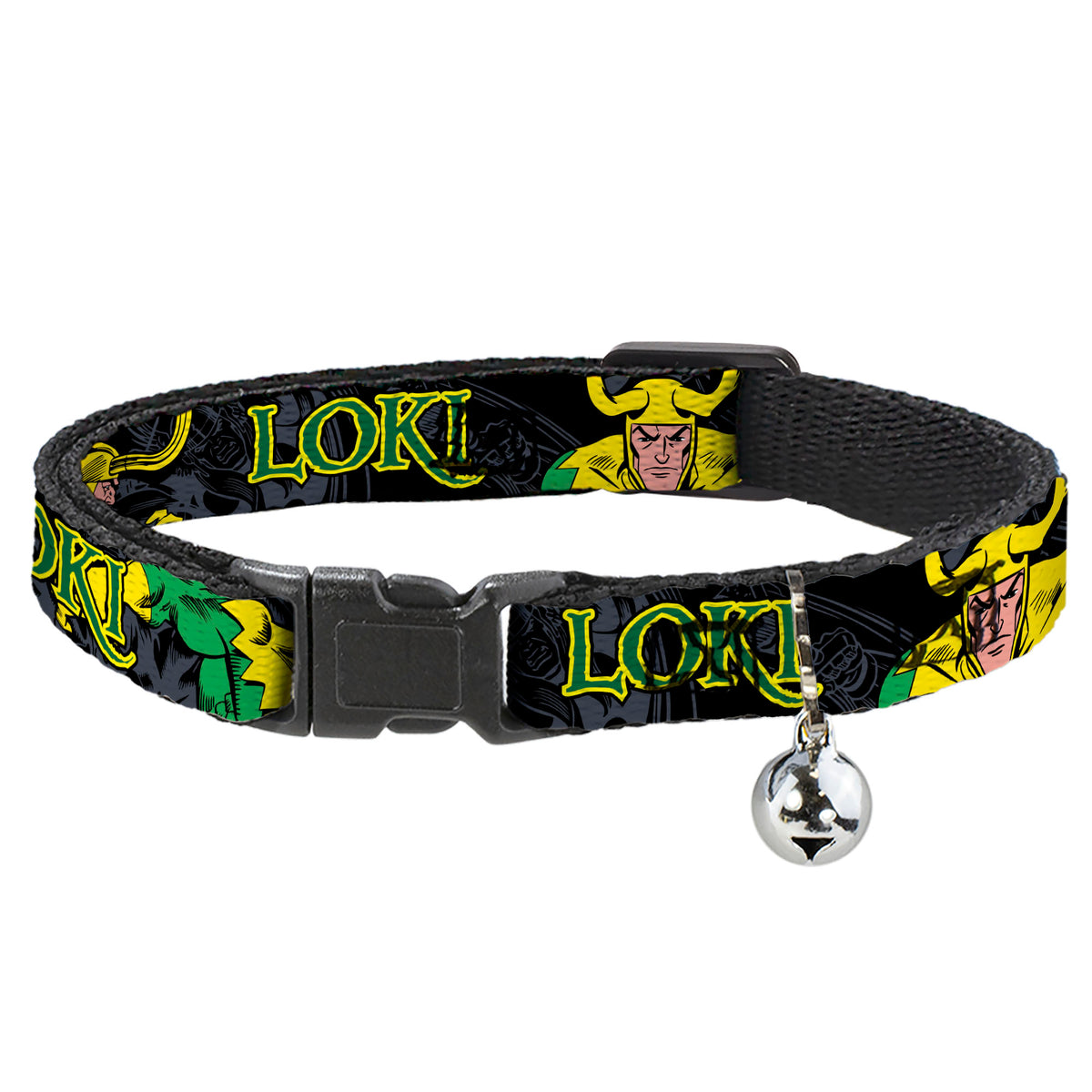 Cat Collar Breakaway - LOKI in Action Black Gray Yellow Green Cat Collars Breakaway Side Release Marvel Comics