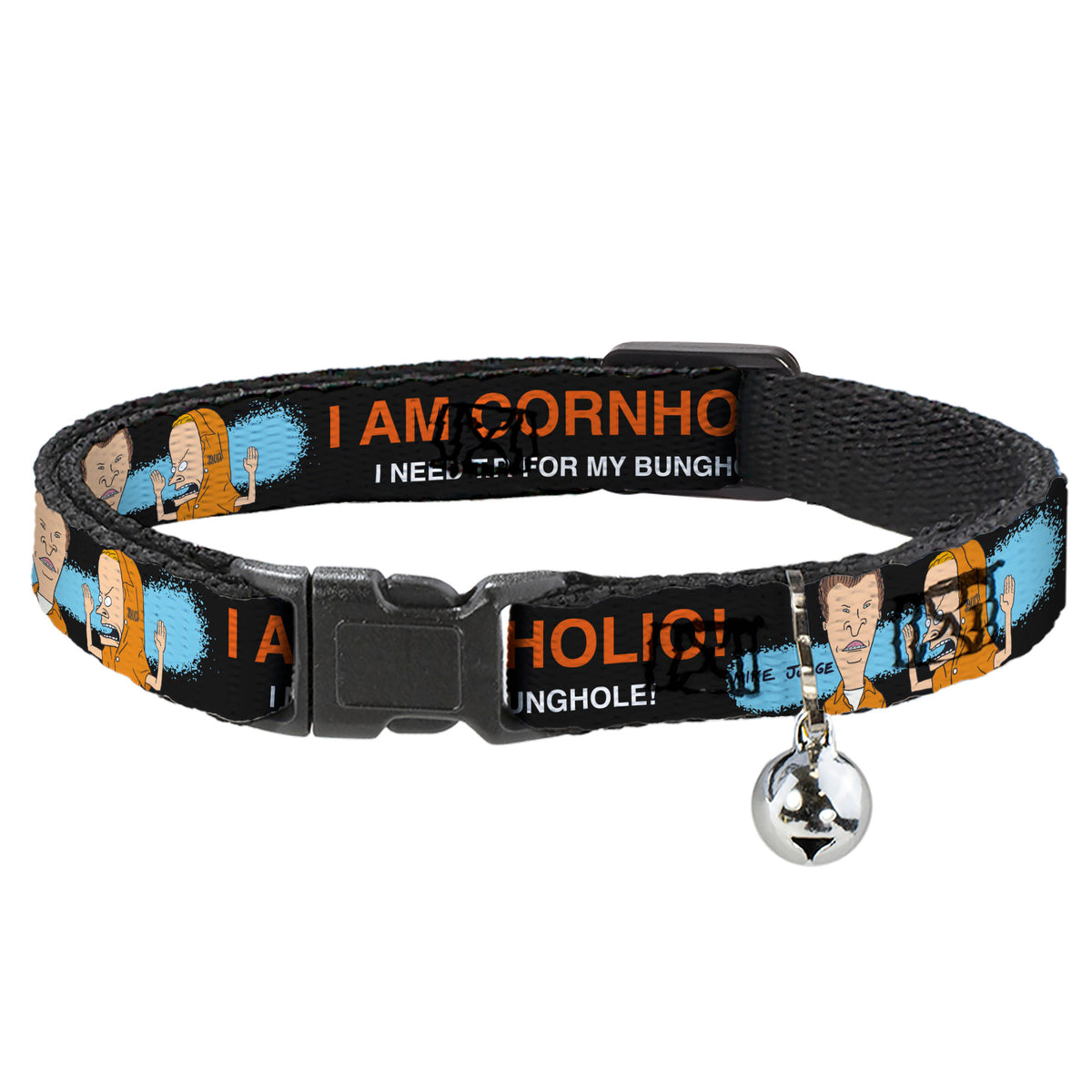 Breakaway Cat Collar with Bell - Beavis and Butt-Head I AM CORNHOLIO Pose Black/Orange/White Cat Collars Breakaway Side Release MTV