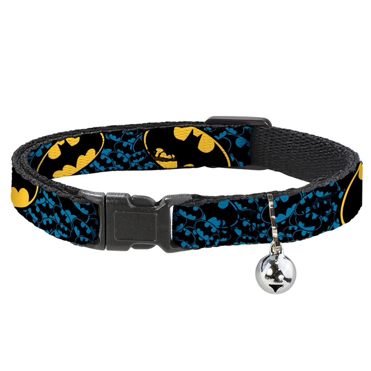 Breakaway Cat Collar with Bell - Bat Signals Stacked w/CLOSE-UP Blue/Black/Yellow Cat Collars Breakaway Side Release DC Comics