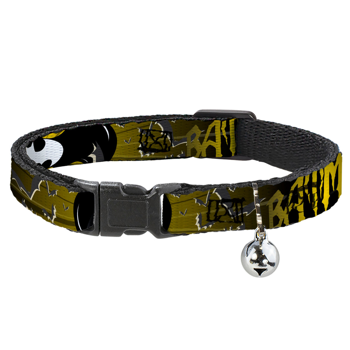 Cat Collar Breakaway - BATMAN w Bat Signals & Flying Bats Yellow Black White Cat Collars Breakaway Side Release DC Comics
