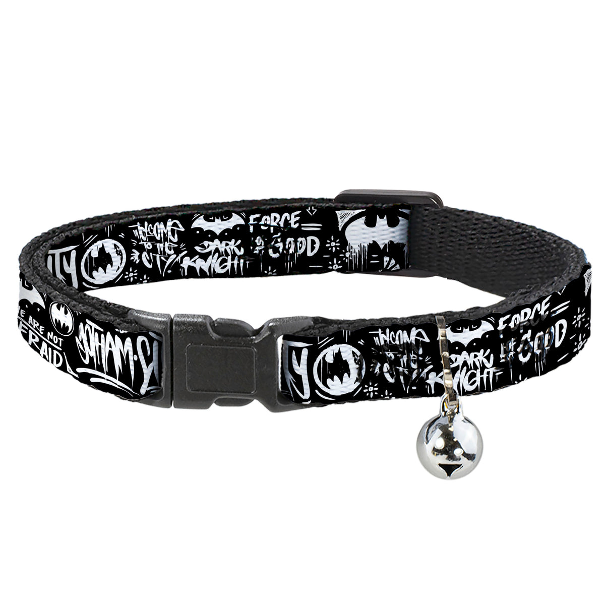 Breakaway Cat Collar with Bell - Batman Gotham City Graffiti Collage Black/White Cat Collars Breakaway Side Release DC Comics