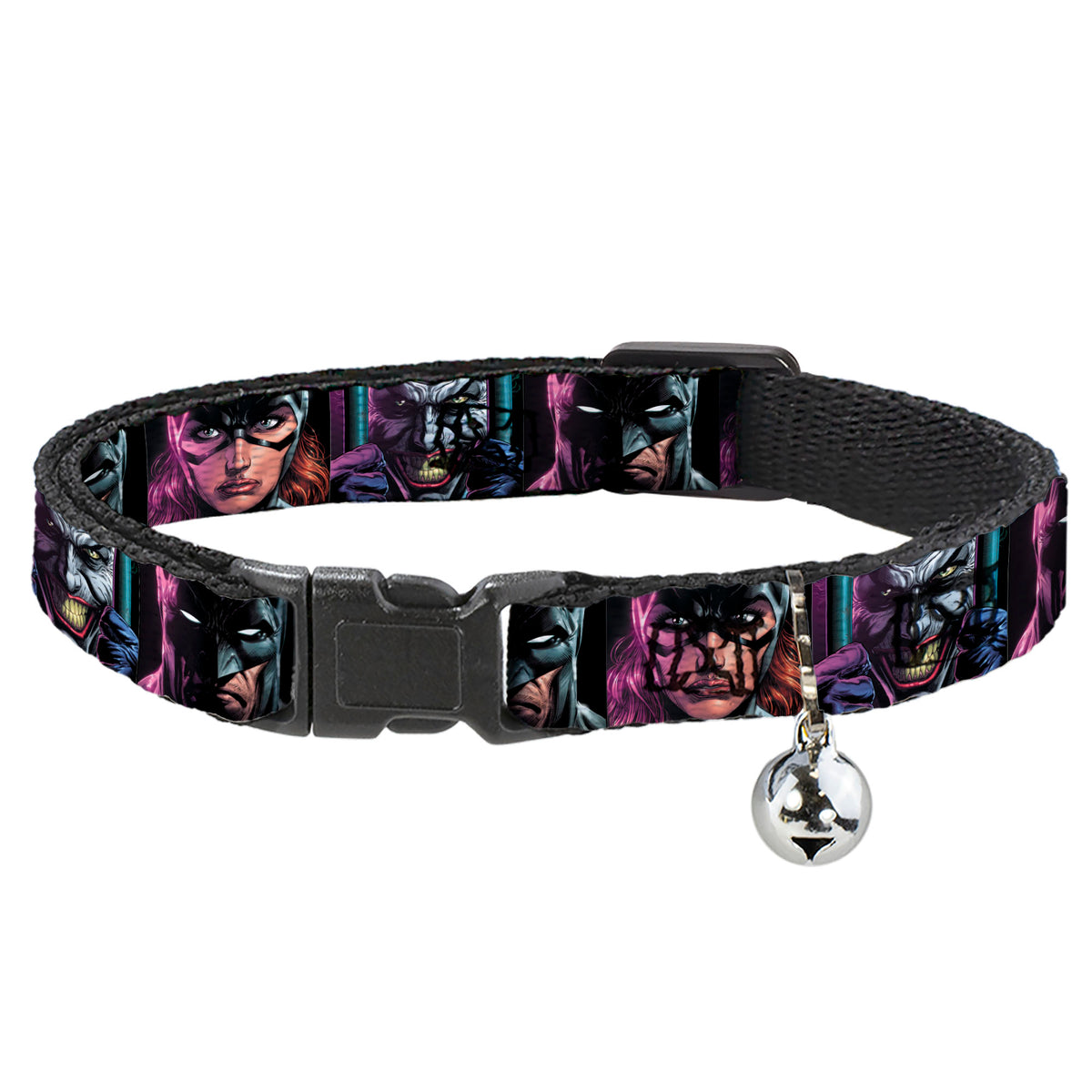 Breakaway Cat Collar with Bell - Batman Batgirl and Joker Comic Book Cover Face Close-Ups Black Cat Collars Breakaway Side Release DC Comics
