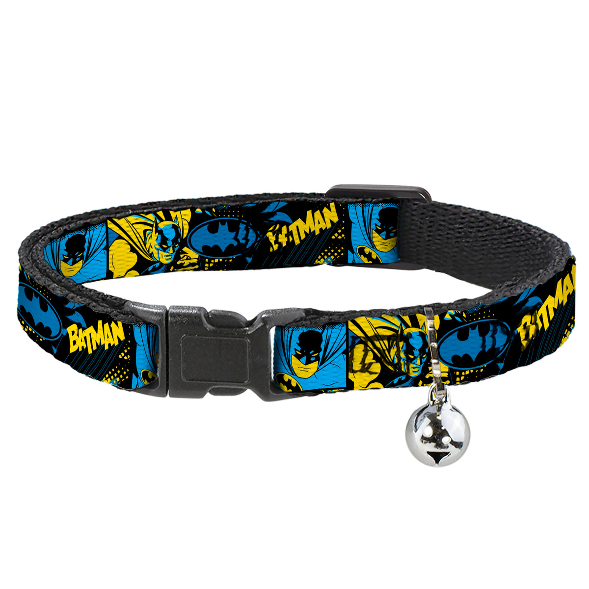 Breakaway Cat Collar with Bell - BATMAN Poses and Logo Collage Black/Blue/Yellow Cat Collars Breakaway Side Release DC Comics