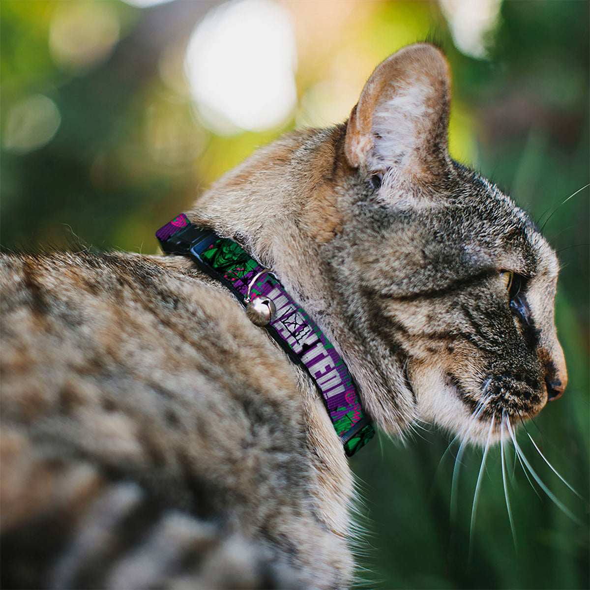 Breakaway Cat Collar with Bell - THE JOKER WANTED Smiling Pose and Graffiti Purples/Greens Cat Collars Breakaway Side Release DC Comics