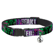 Breakaway Cat Collar with Bell - THE JOKER WANTED Smiling Pose and Graffiti Purples/Greens Cat Collars Breakaway Side Release DC Comics