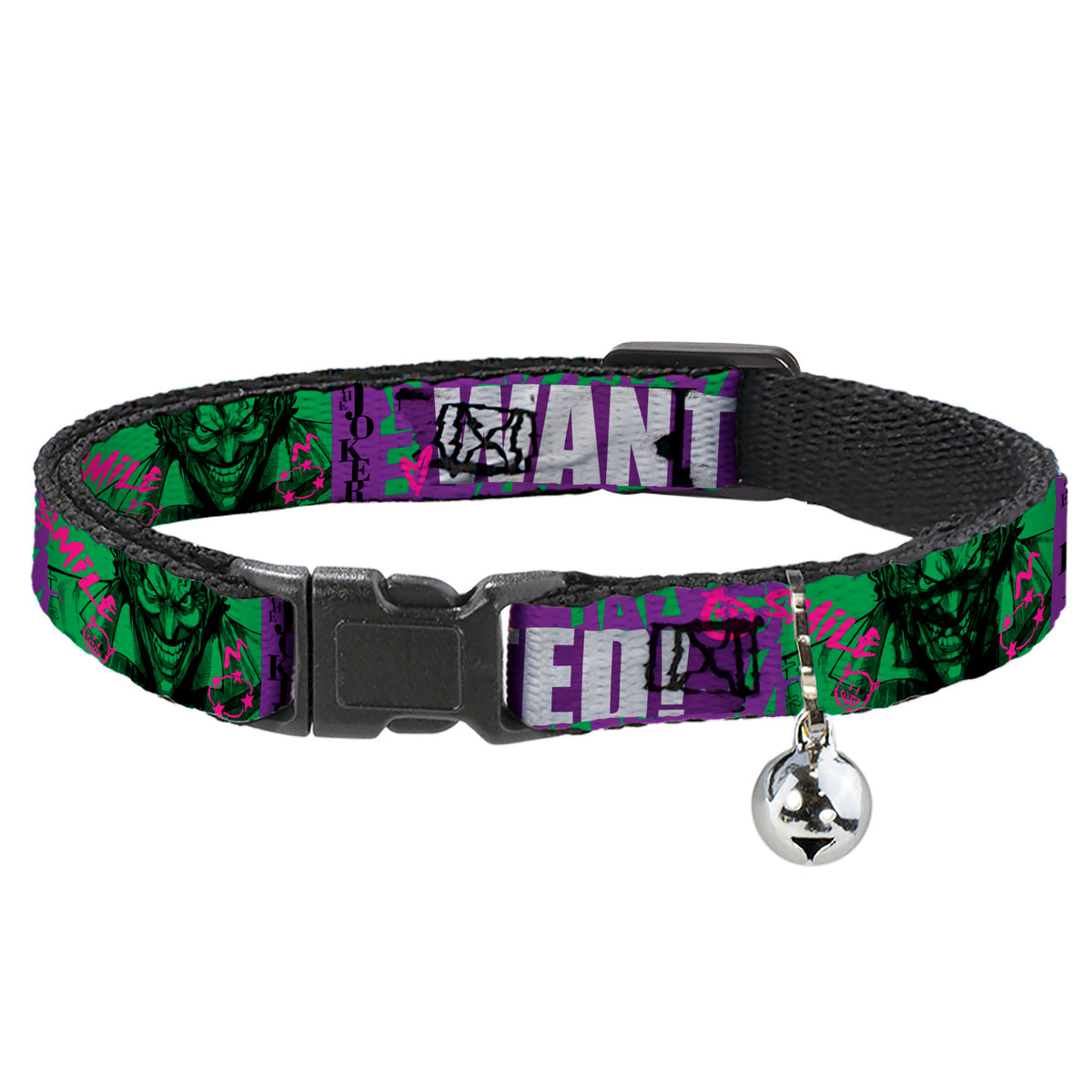 Breakaway Cat Collar with Bell - THE JOKER WANTED Smiling Pose and Graffiti Purples/Greens Cat Collars Breakaway Side Release DC Comics