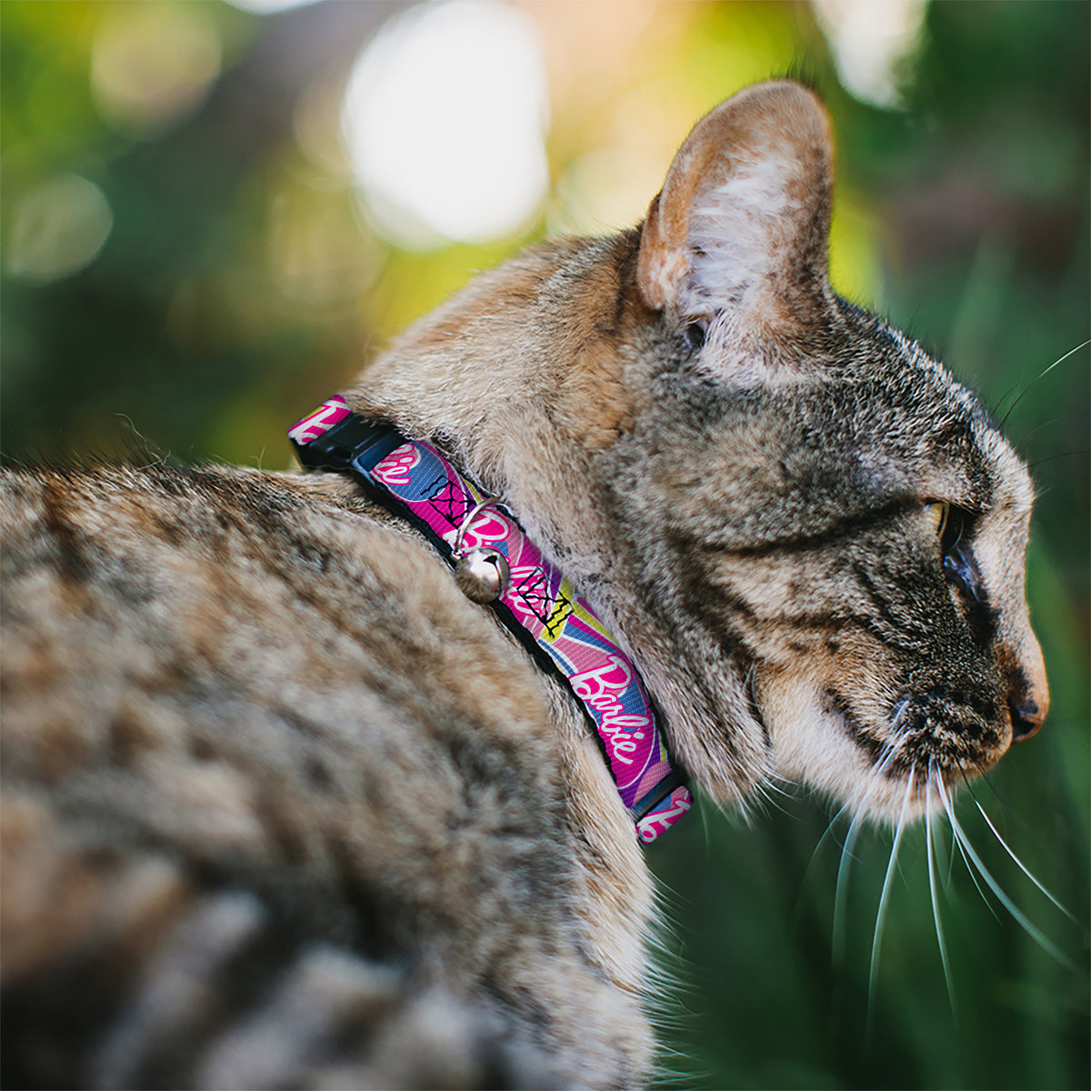 Breakaway Cat Collar with Bell - BARBIE Script Signature Logo Abstract Multi Color/White Cat Collars Breakaway Side Release Barbie