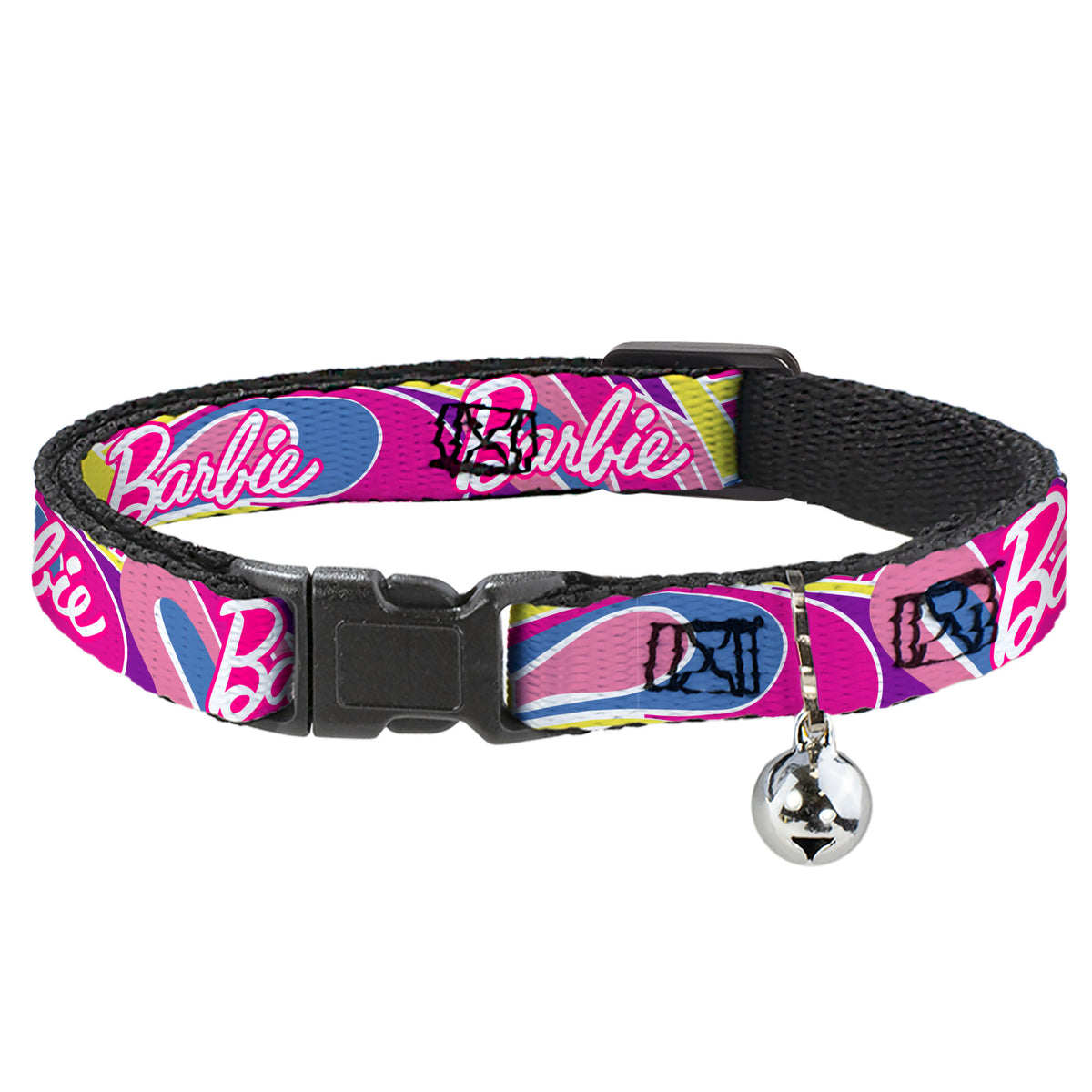 Breakaway Cat Collar with Bell - BARBIE Script Signature Logo Abstract Multi Color/White Cat Collars Breakaway Side Release Barbie