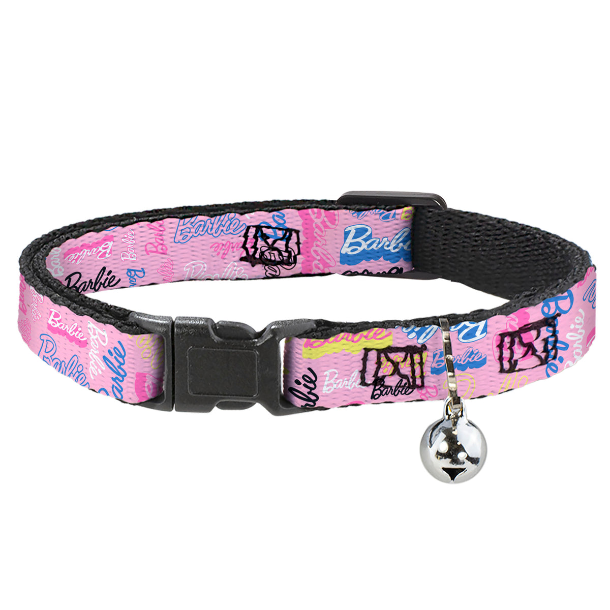 Breakaway Cat Collar with Bell - BARBIE Script Signature Collage Pink/Multi Color Cat Collars Breakaway Side Release Barbie