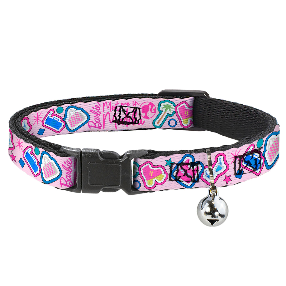 Breakaway Cat Collar with Bell - BARBIE MEET ME IN MALIBU Icons Collage Pink/Multi Color Cat Collars Breakaway Side Release Barbie