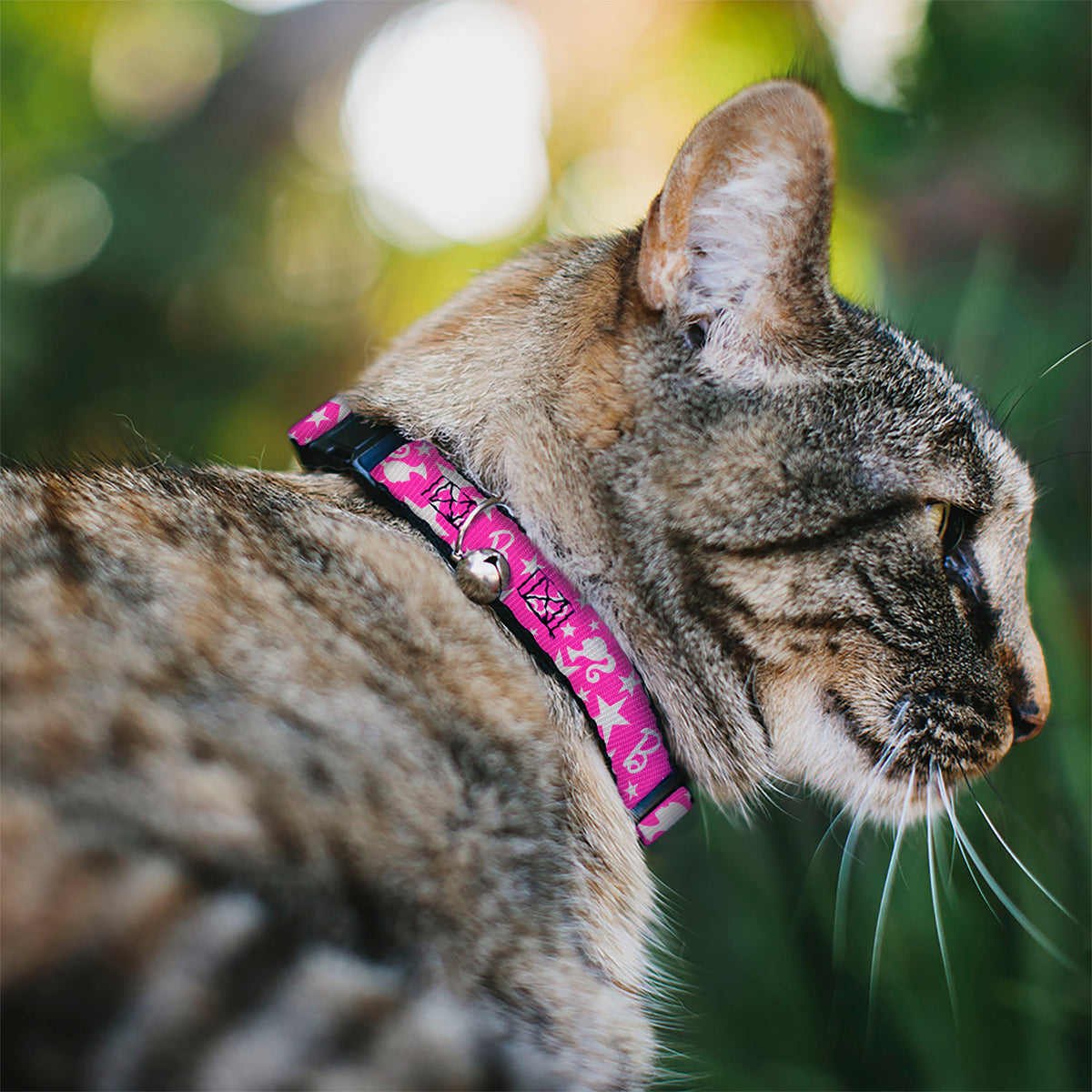 Breakaway Cat Collar with Bell - Barbie Ponytail Silhouette and Star Scattered Pink/White Cat Collars Breakaway Side Release Barbie