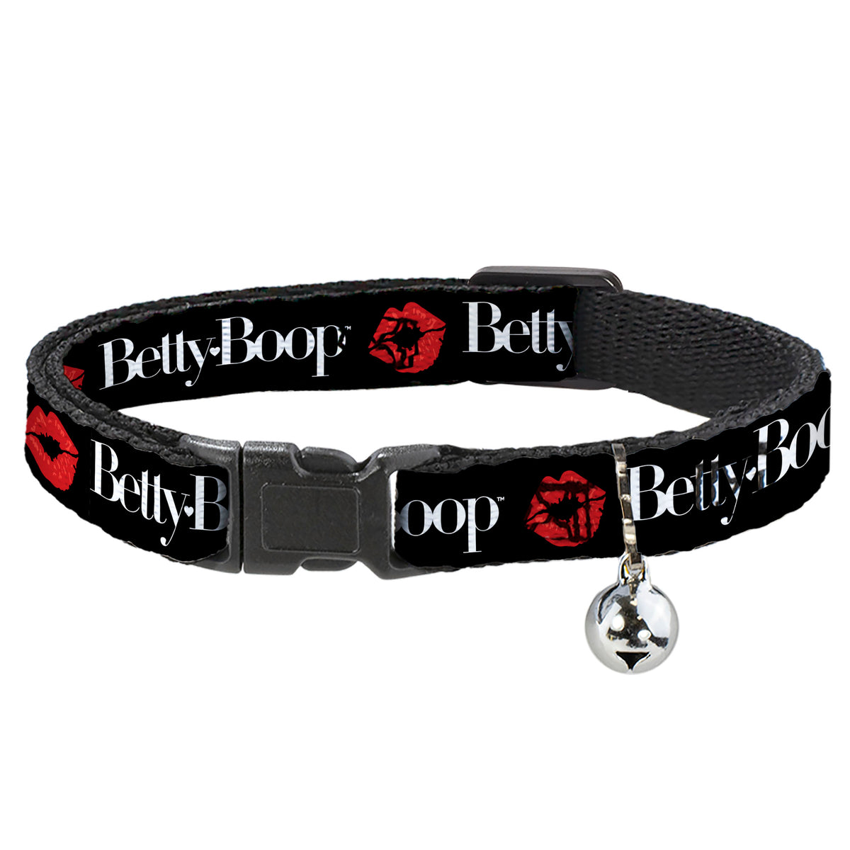 Breakaway Cat Collar with Bell - BETTY BOOP Text and Kiss Black/White/Red Cat Collars Breakaway Side Release Betty Boop