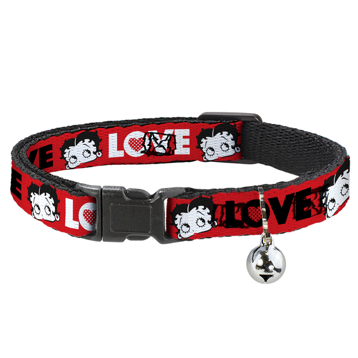 Breakaway Cat Collar with Bell - Betty Boop Face and LOVE Text Red/Black/White Cat Collars Breakaway Side Release Betty Boop