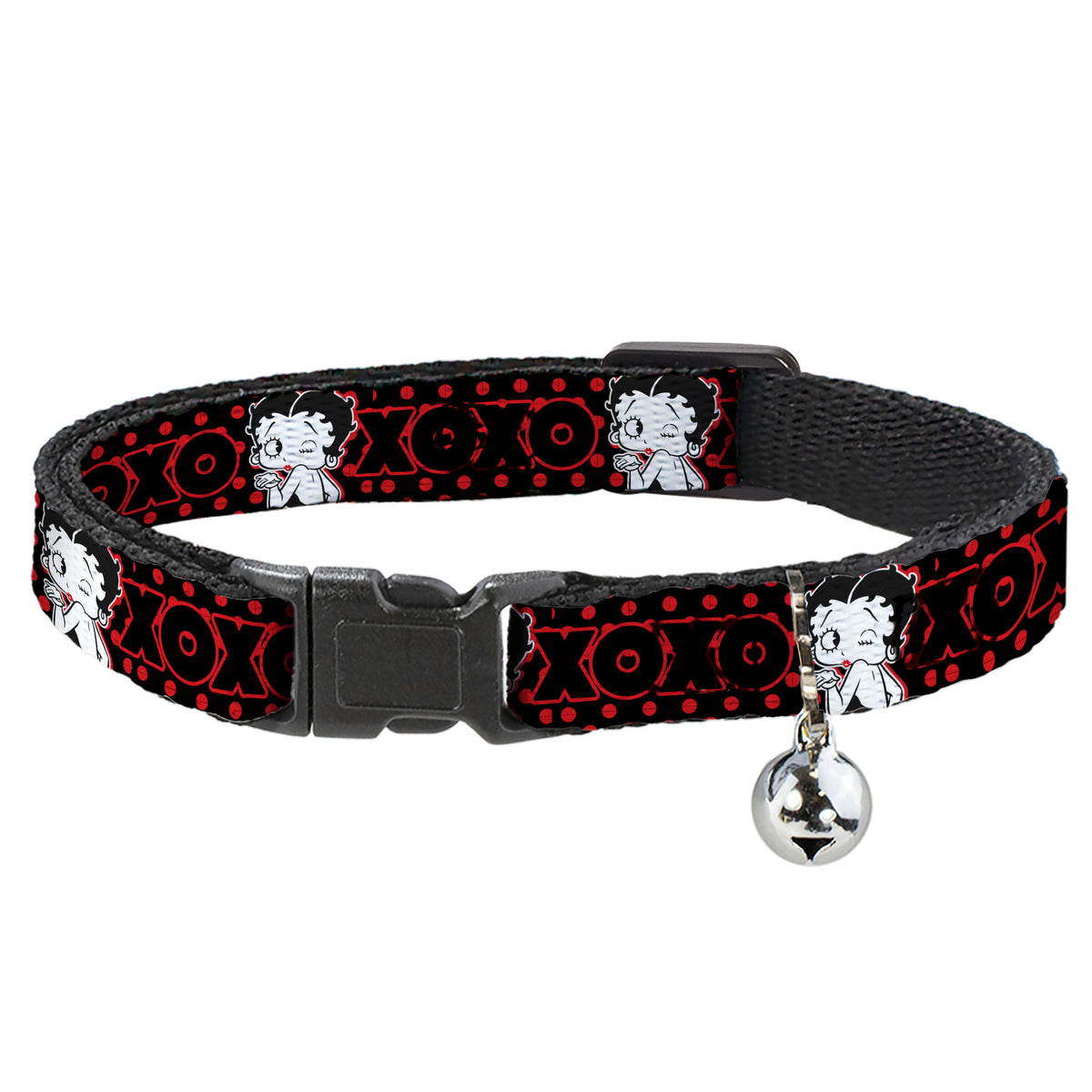 Breakaway Cat Collar with Bell - Betty Boop Winking Kiss Pose with XOXO Text Polka Dot Black/Red/White Cat Collars Breakaway Side Release Betty Boop