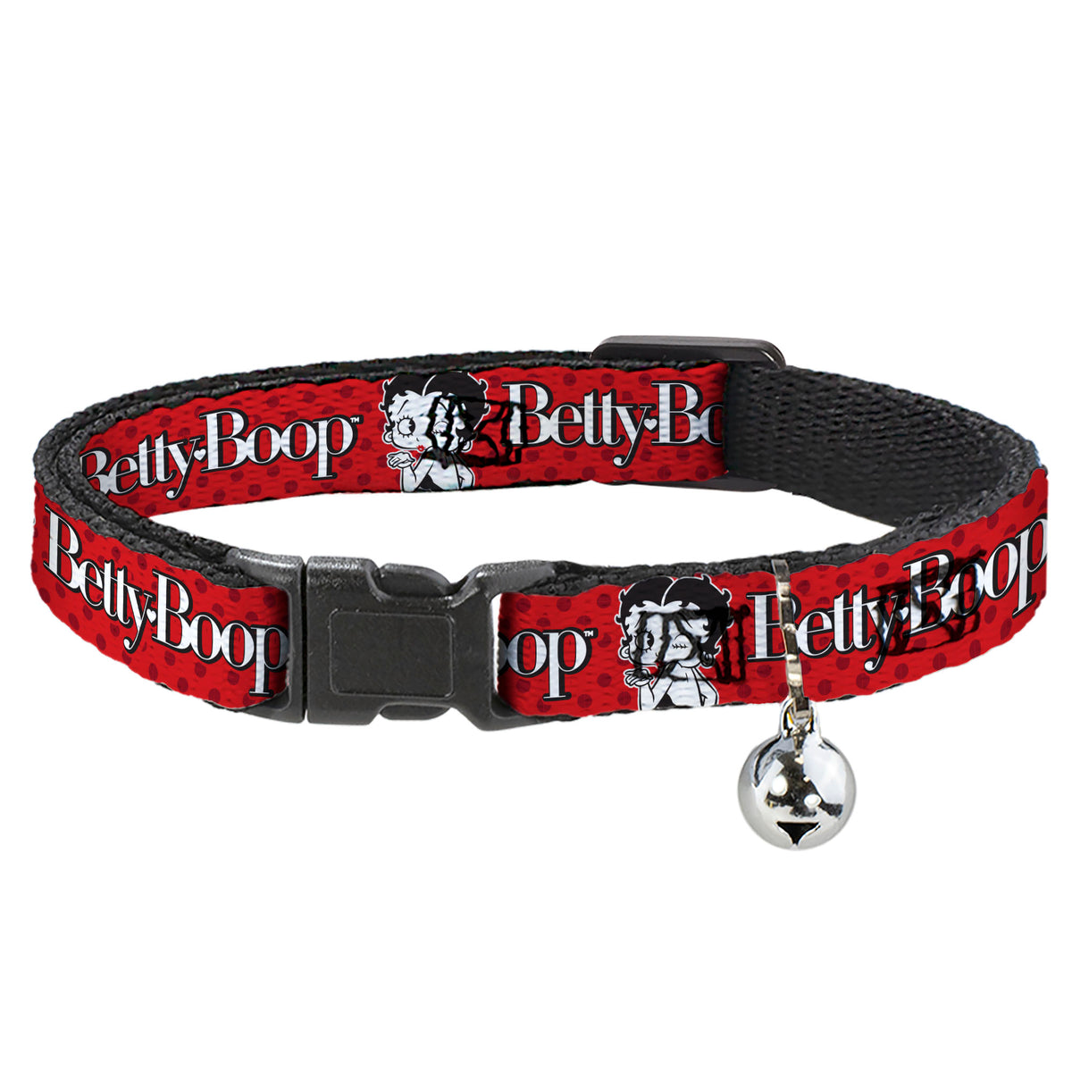 Breakaway Cat Collar with Bell - BETTY BOOP Winking Kiss Pose and Text Reds/Black/White Cat Collars Breakaway Side Release Betty Boop