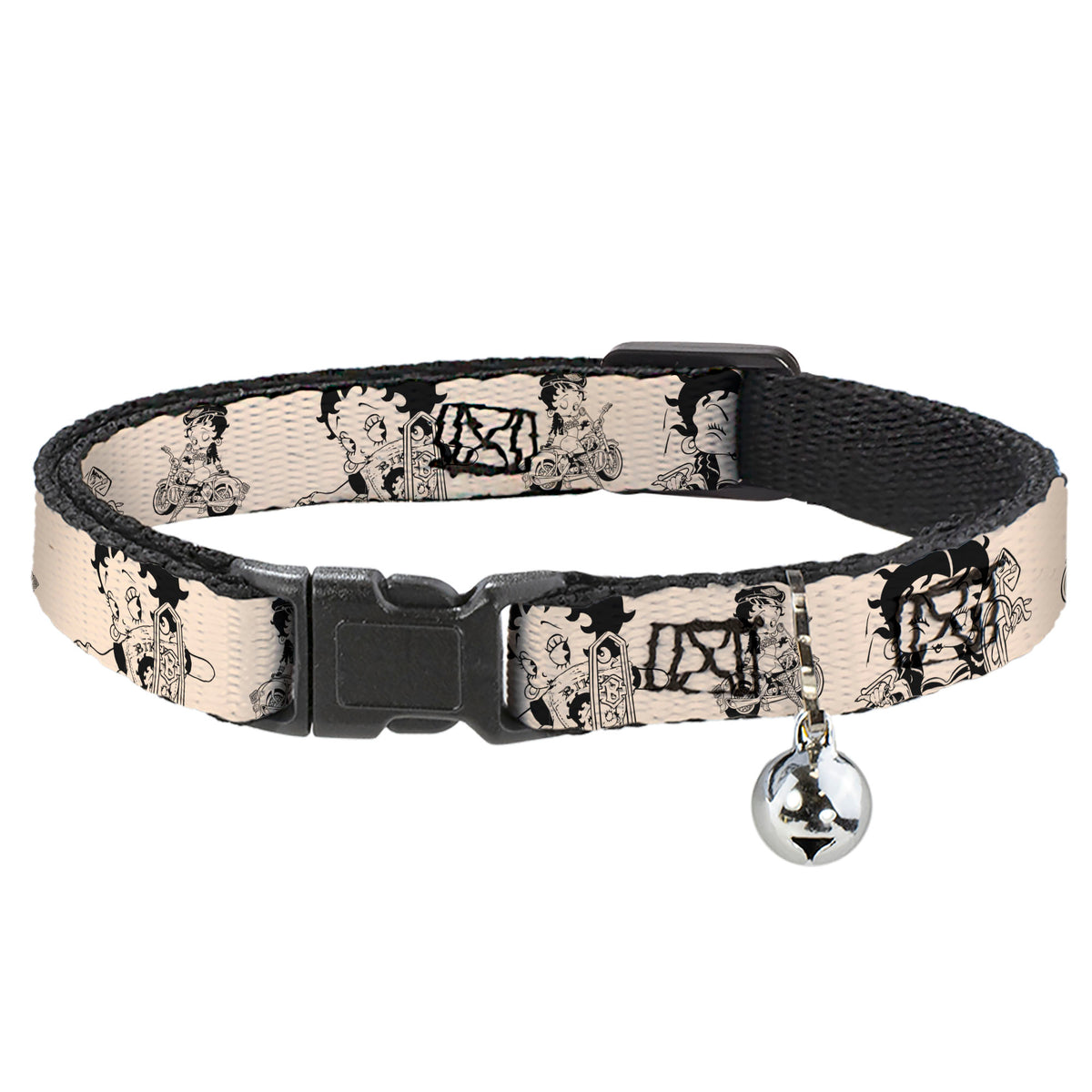 Breakaway Cat Collar with Bell - Betty Boop Biker Betty Poses Beige/Black Cat Collars Breakaway Side Release Betty Boop