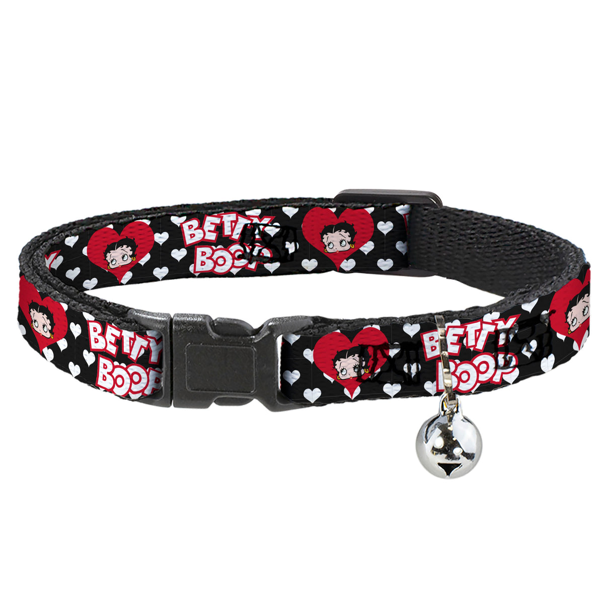 Breakaway Cat Collar with Bell - BETTY BOOP Face and Text Hearts Black/White/Red Cat Collars Breakaway Side Release Betty Boop