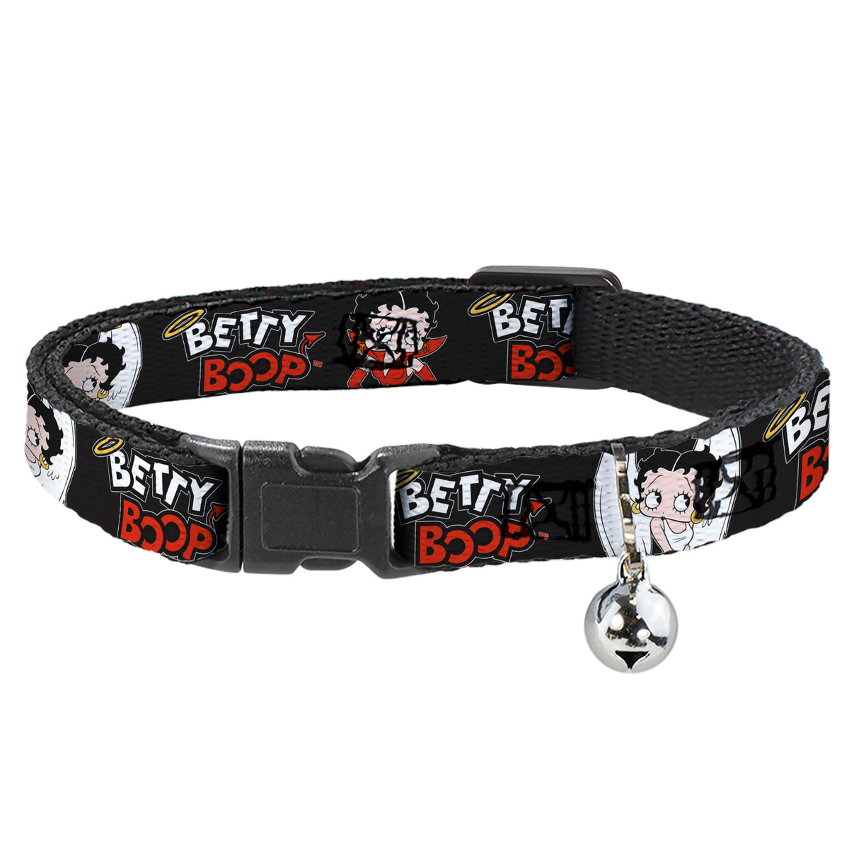 Breakaway Cat Collar with Bell - BETTY BOOP Angel and Devil Poses with Text Black/White/Red Cat Collars Breakaway Side Release Betty Boop