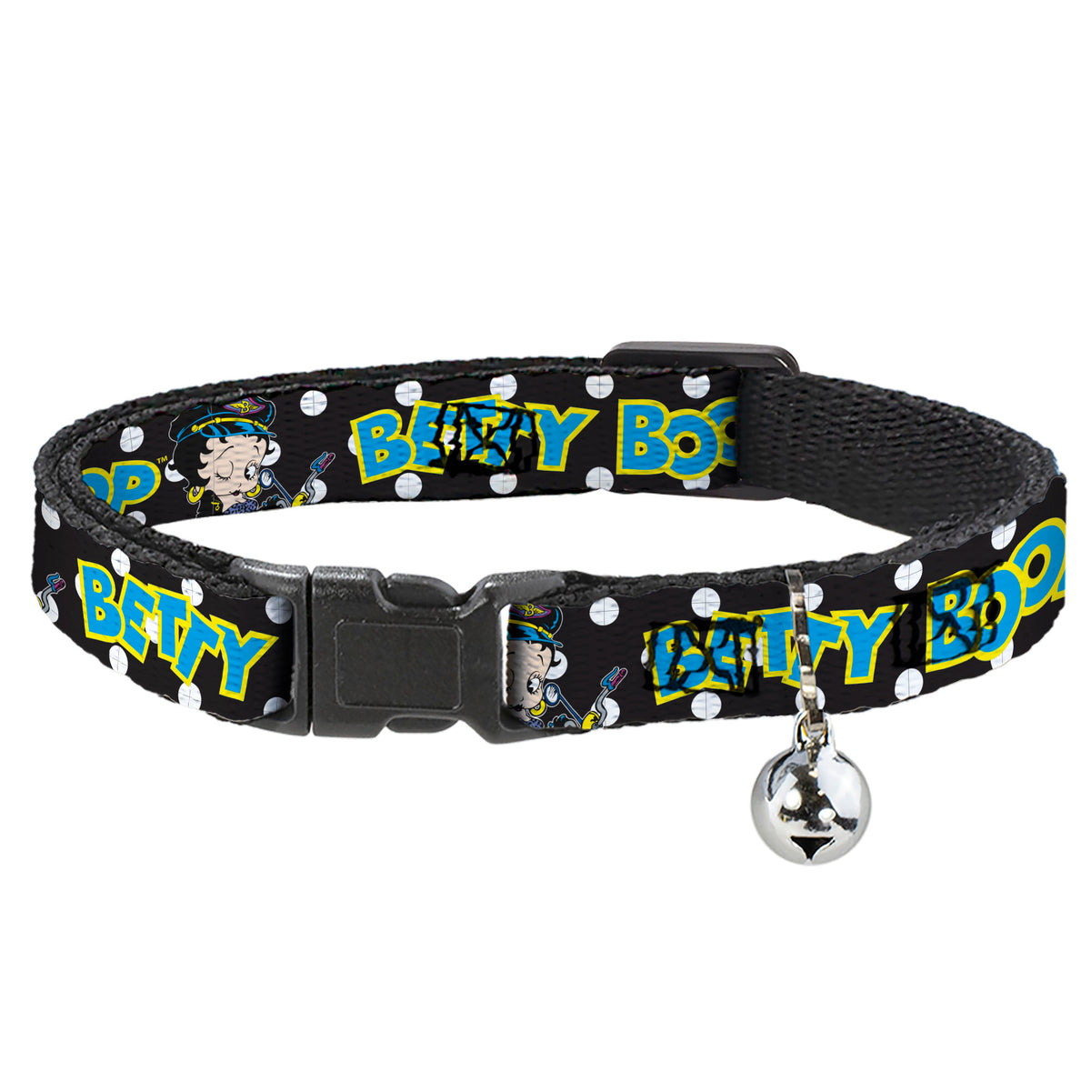 Breakaway Cat Collar with Bell - BETTY BOOP Biker Betty Winking and Text Polka Dot Black/White/Yellow/Blue Cat Collars Breakaway Side Release Betty Boop