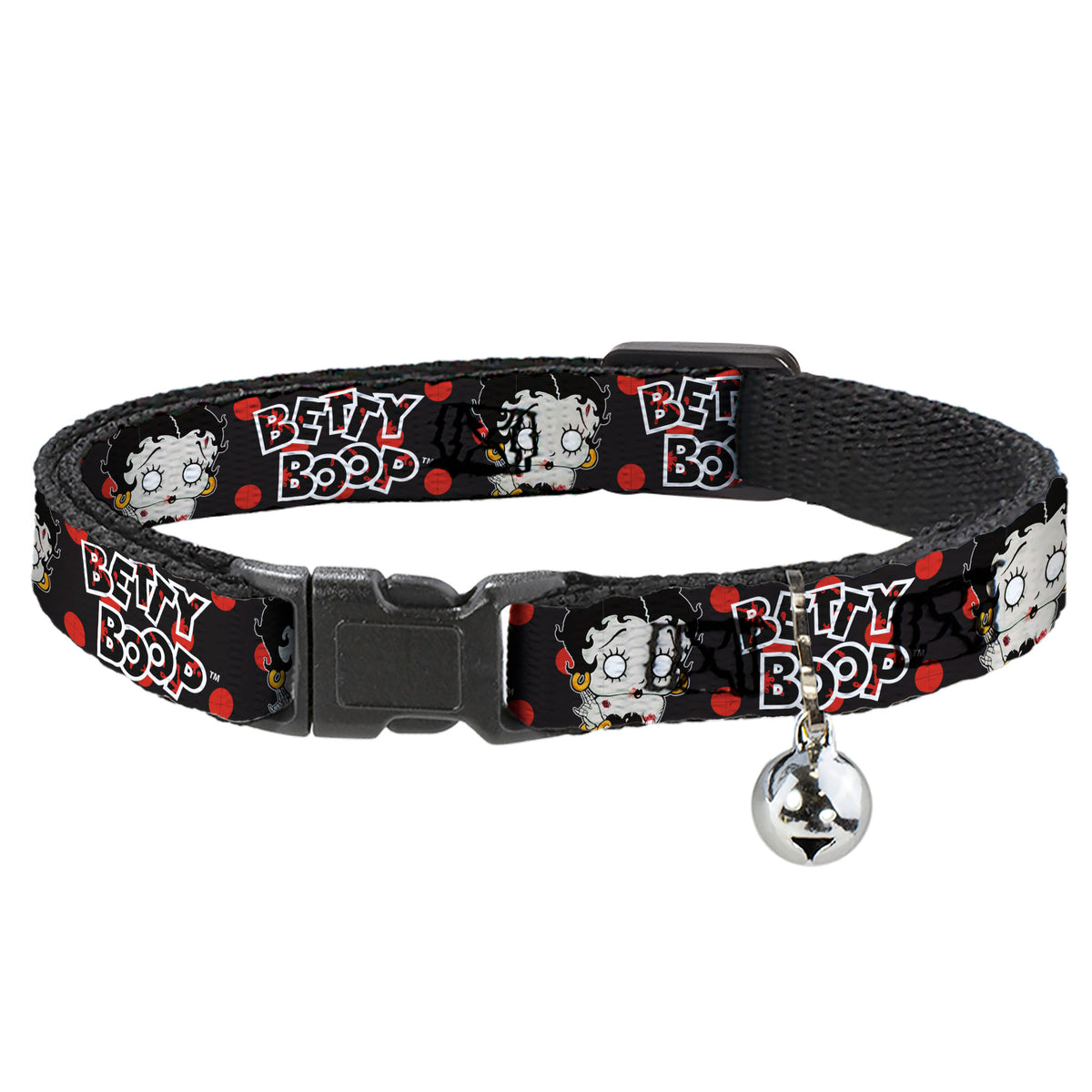 Breakaway Cat Collar with Bell - BETTY BOOP Zombie Betty and Text Polka Dot Black/Red/White Cat Collars Breakaway Side Release Betty Boop