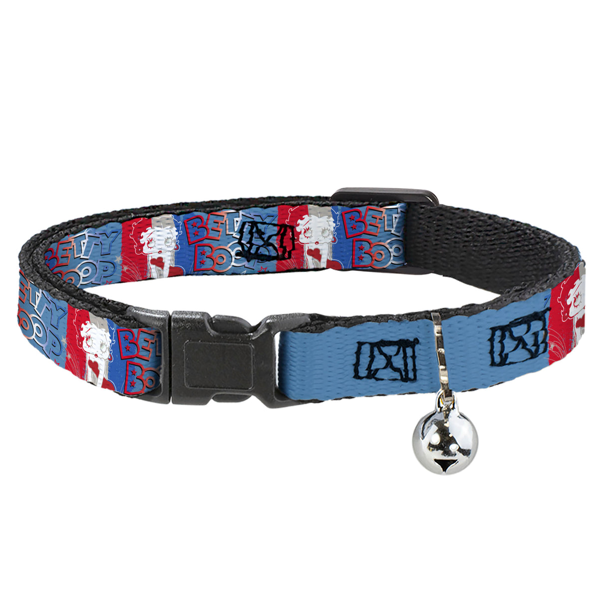 Breakaway Cat Collar with Bell - BETTY BOOP Americana Pose and Stripes Reds/White/Blues Cat Collars Breakaway Side Release Betty Boop