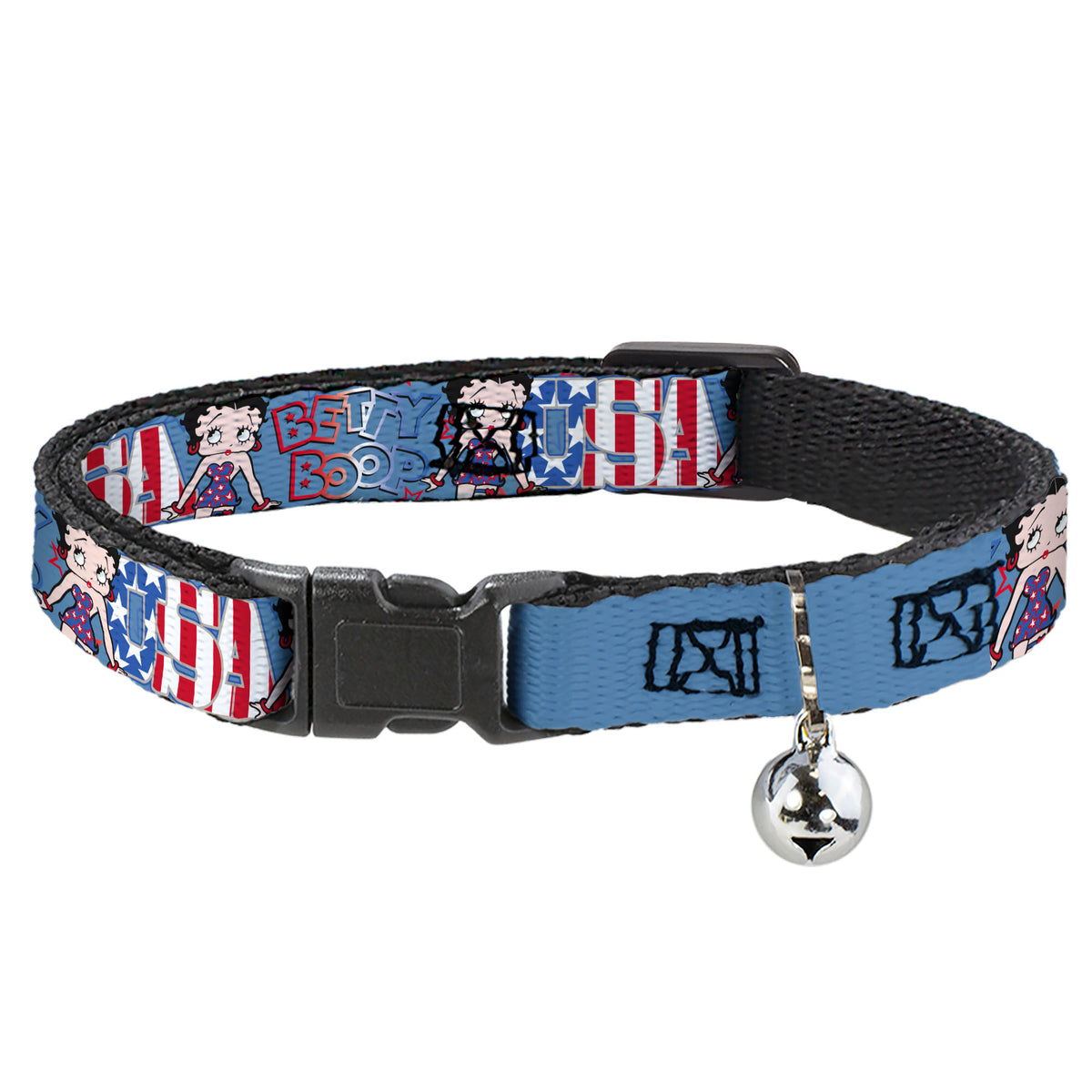 Breakaway Cat Collar with Bell - BETTY BOOP Americana USA Pose Blues/Reds/White Cat Collars Breakaway Side Release Betty Boop