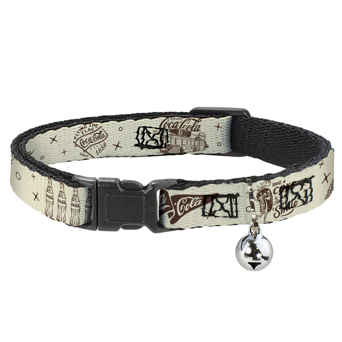 Breakaway Cat Collar with Bell - Vintage Coca-Cola Coke Icons and Ad Logos White/Brown Cat Collars Breakaway Side Release Coca-Cola