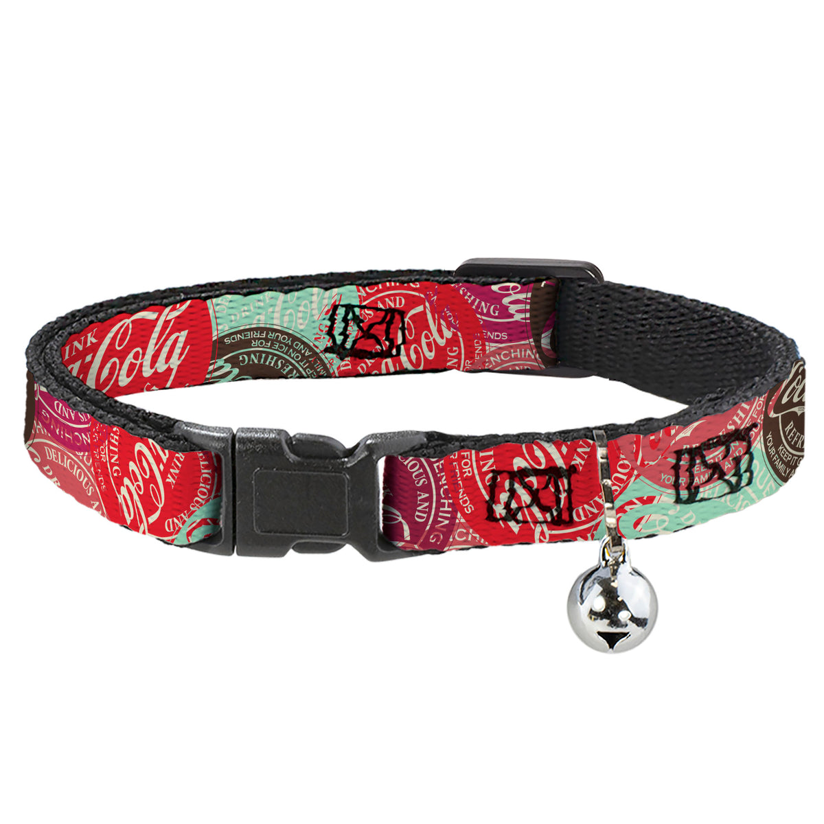 Breakaway Cat Collar with Bell - DRINK COCA-COLA Coke Patches Stacked Reds/Multi Color Cat Collars Breakaway Side Release Coca-Cola