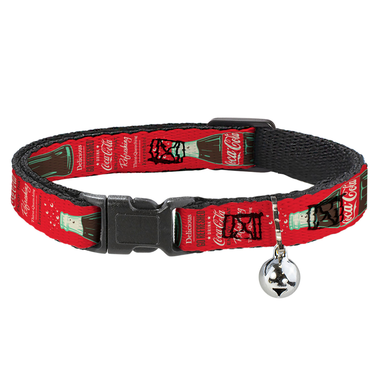 Breakaway Cat Collar with Bell - Vintage Coca-Cola DELICIOUS GO REFRESHED Typography and Bottle Red/Brown/White Cat Collars Breakaway Side Release Coca-Cola