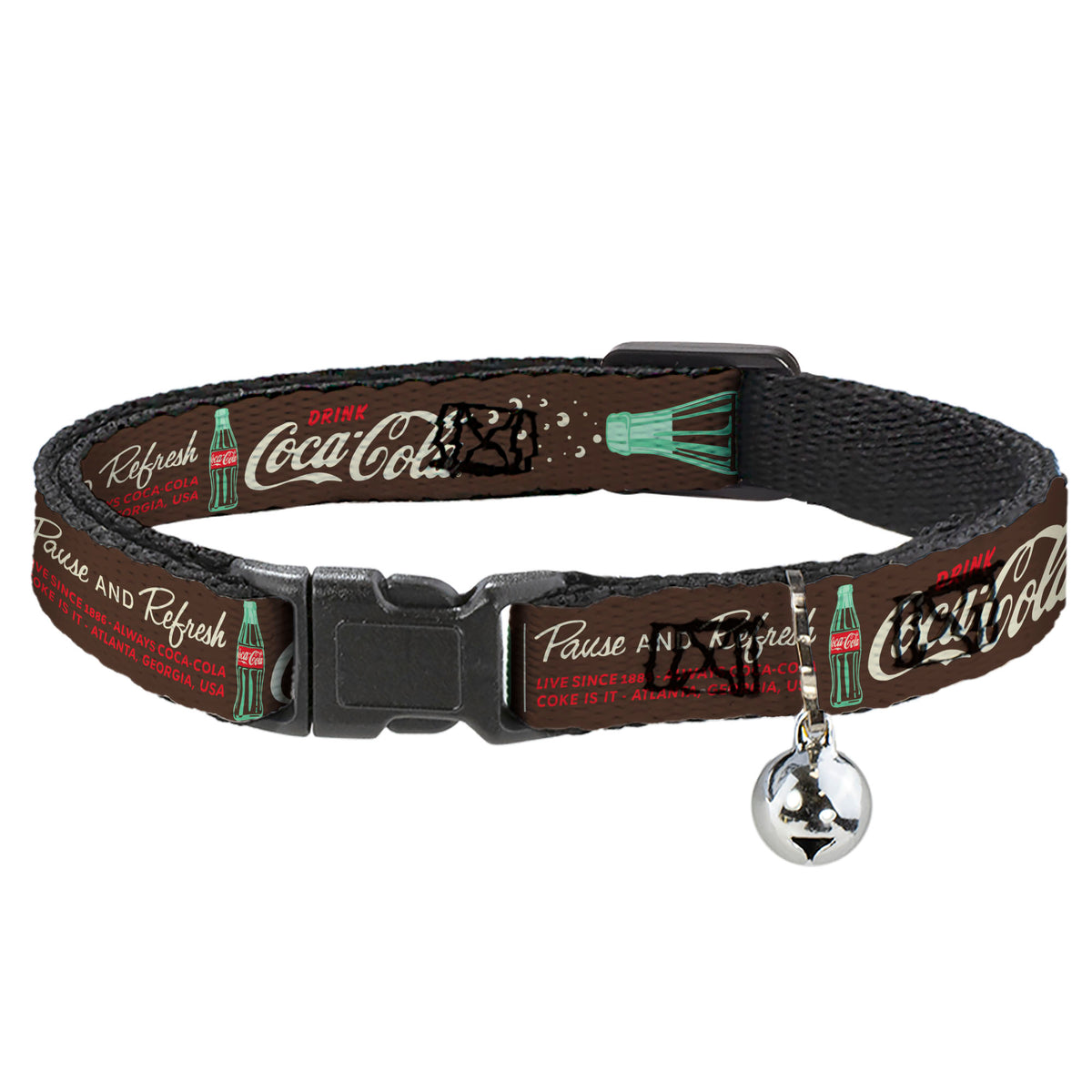 Breakaway Cat Collar with Bell - Coca-Cola PAUSE AND REFRESH Typography and Bottle Brown/Red/White Cat Collars Breakaway Side Release Coca-Cola