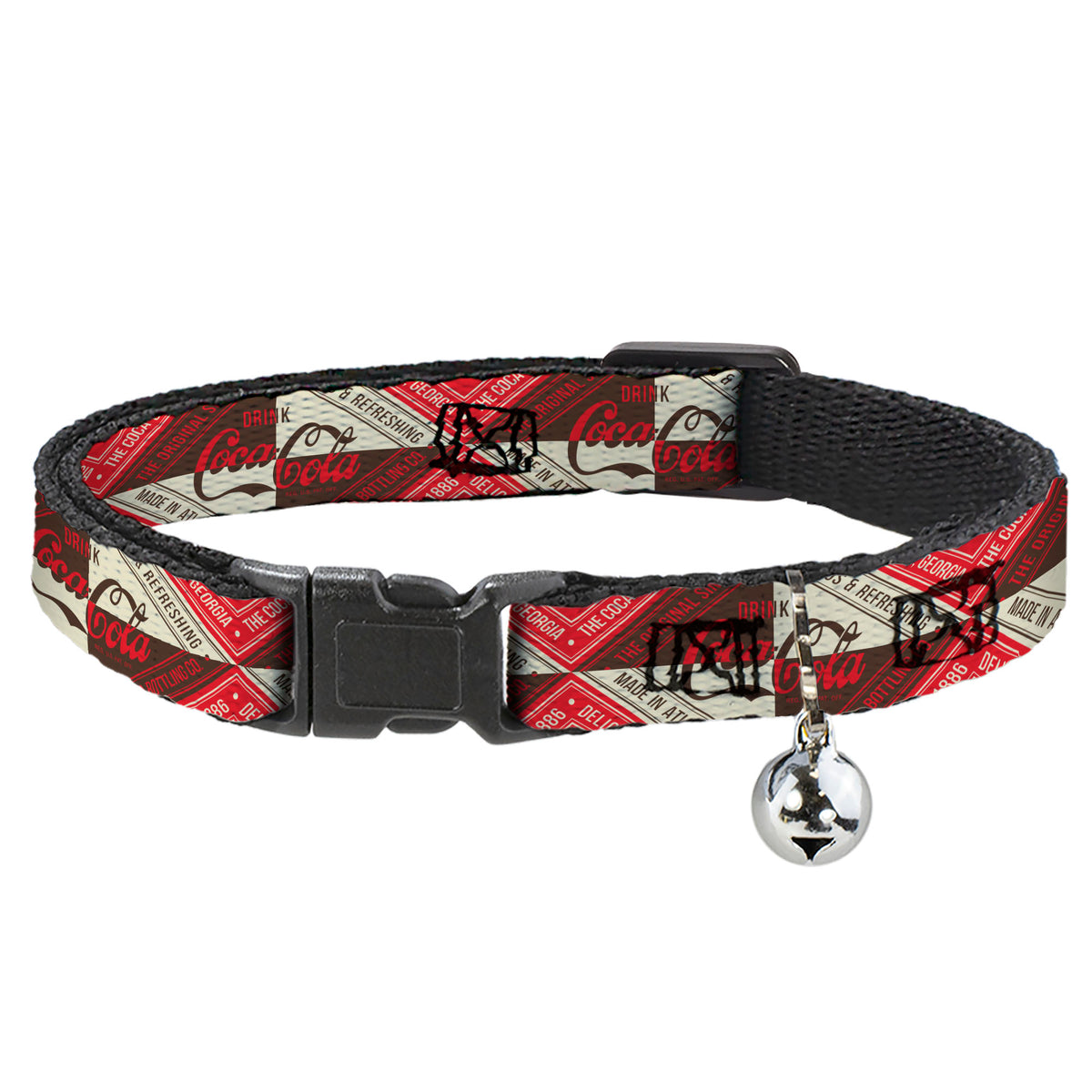 Breakaway Cat Collar with Bell - DRINK COCA-COLA Coke Diamond Blocks Red/Brown/Beige Cat Collars Breakaway Side Release Coca-Cola