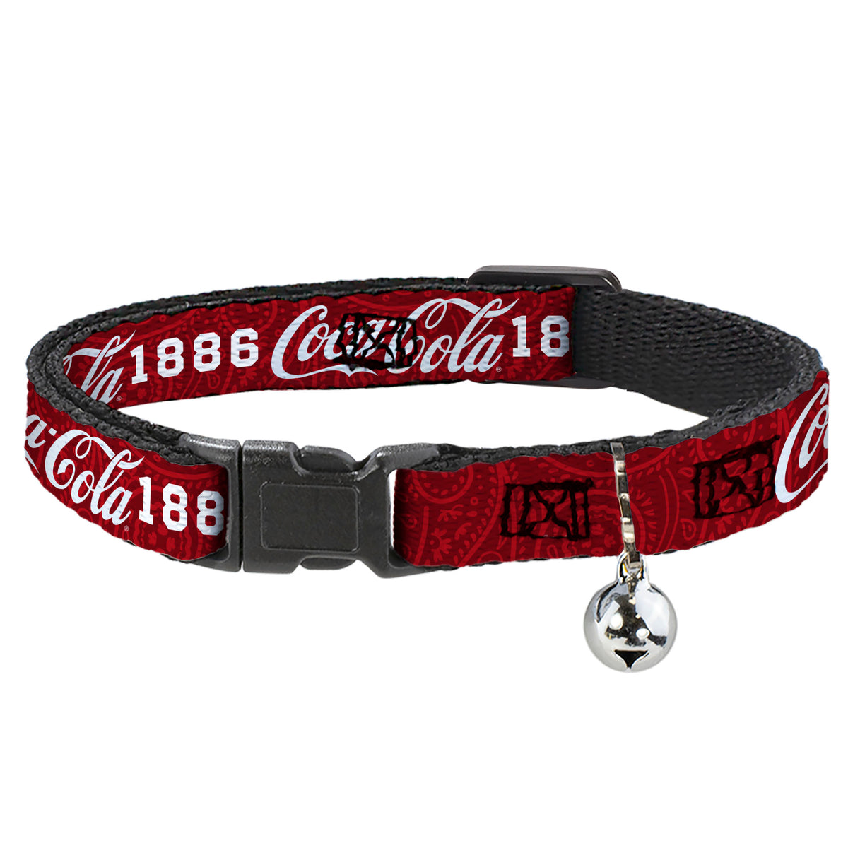 Breakaway Cat Collar with Bell - COCA-COLA 1886 Script Logo Blues/White/Red Cat Collars Breakaway Side Release Coca-Cola