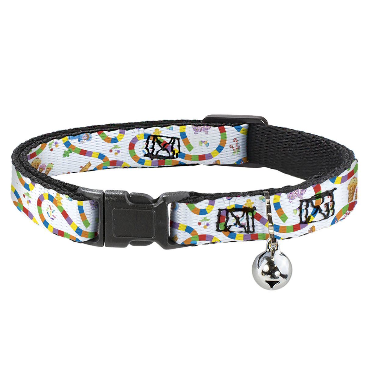 Breakaway Cat Collar with Bell - Candy Land Game Board Path Characters and Icons White/Multi Color Cat Collars Breakaway Side Release Candy Land