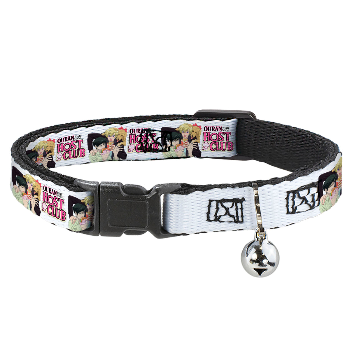 Breakaway Cat Collar with Bell - OURAN HIGH SCHOOL HOST CLUB Kyoya Haruhi and Antoinette Pose and Title Logo White Cat Collars Breakaway Side Release Ouran High School Host Club
