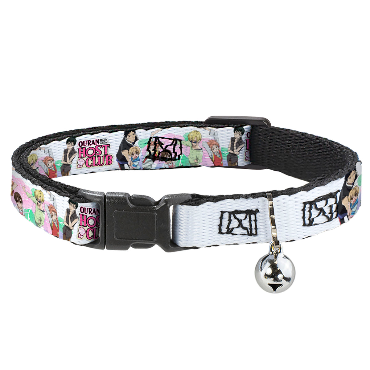 Breakaway Cat Collar with Bell - OURAN HIGH SCHOOL Seven Character Group Pose and Title Logo White Cat Collars Breakaway Side Release Ouran High School Host Club