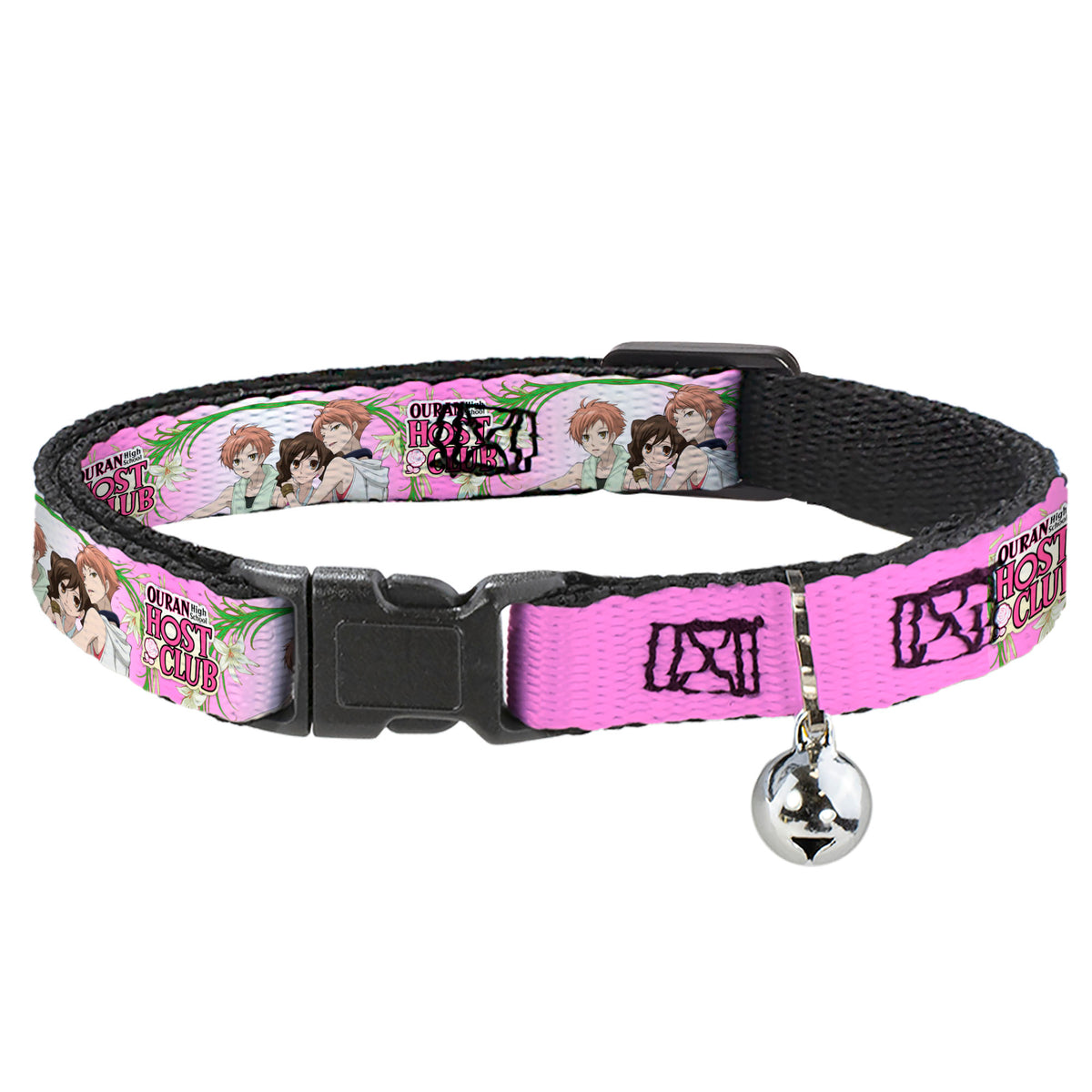 Breakaway Cat Collar with Bell - OURAN HIGH SCHOOL HOST CLUB Haruhi and Hitachiin Twins Lilies Pose and Title Logo Pinks Cat Collars Breakaway Side Release Ouran High School Host Club