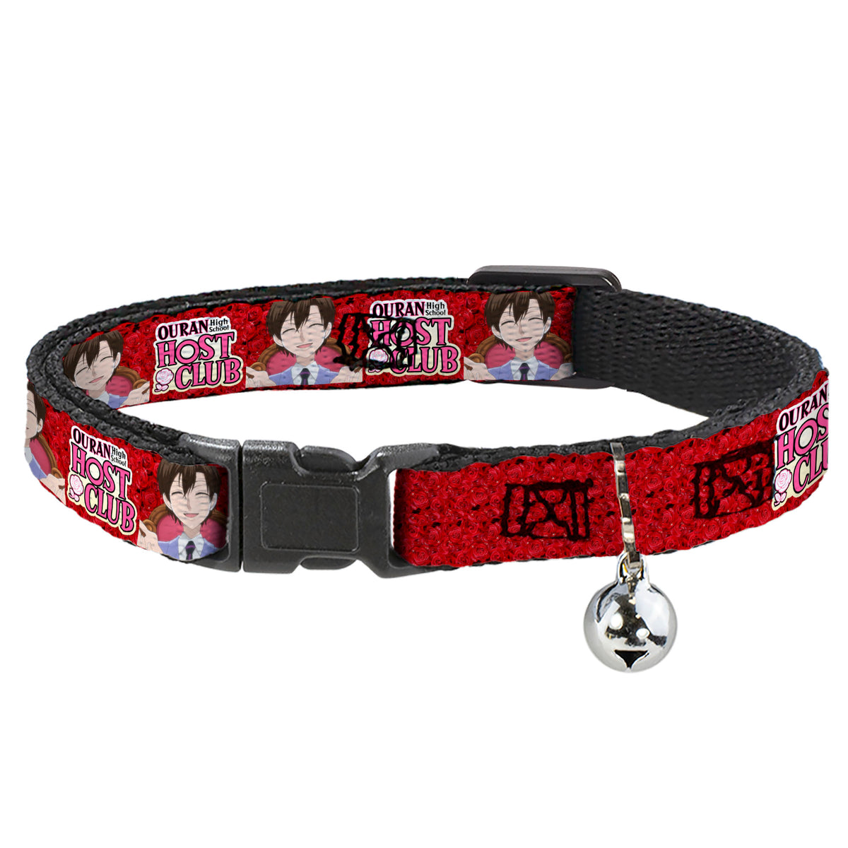 Breakaway Cat Collar with Bell - OURAN HIGH SCHOOL HOST CLUB Haruhi Smiling Pose with Roses and Title Logo Reds Cat Collars Breakaway Side Release Ouran High School Host Club