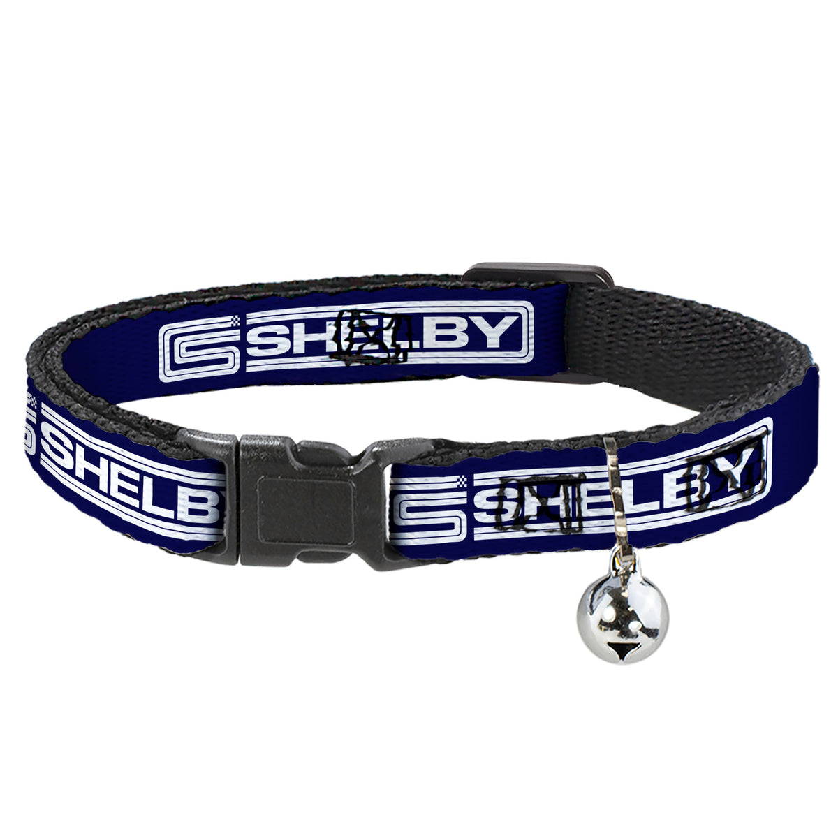 Cat Collar Breakaway with Bell - Carroll Shelby CS SHELBY Racing Logo Block Navy White - NARROW Fits 8.5-12" Cat Collars Breakaway Side Release Shelby