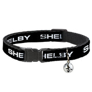 Cat Collar Breakaway with Bell - SHELBY Text Only Black White - NARROW Fits 8.5-12" Cat Collars Breakaway Side Release Shelby