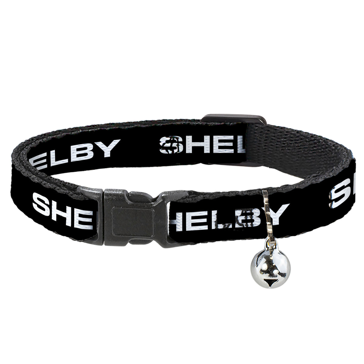 Cat Collar Breakaway with Bell - SHELBY Text Only Black White - NARROW Fits 8.5-12" Cat Collars Breakaway Side Release Shelby