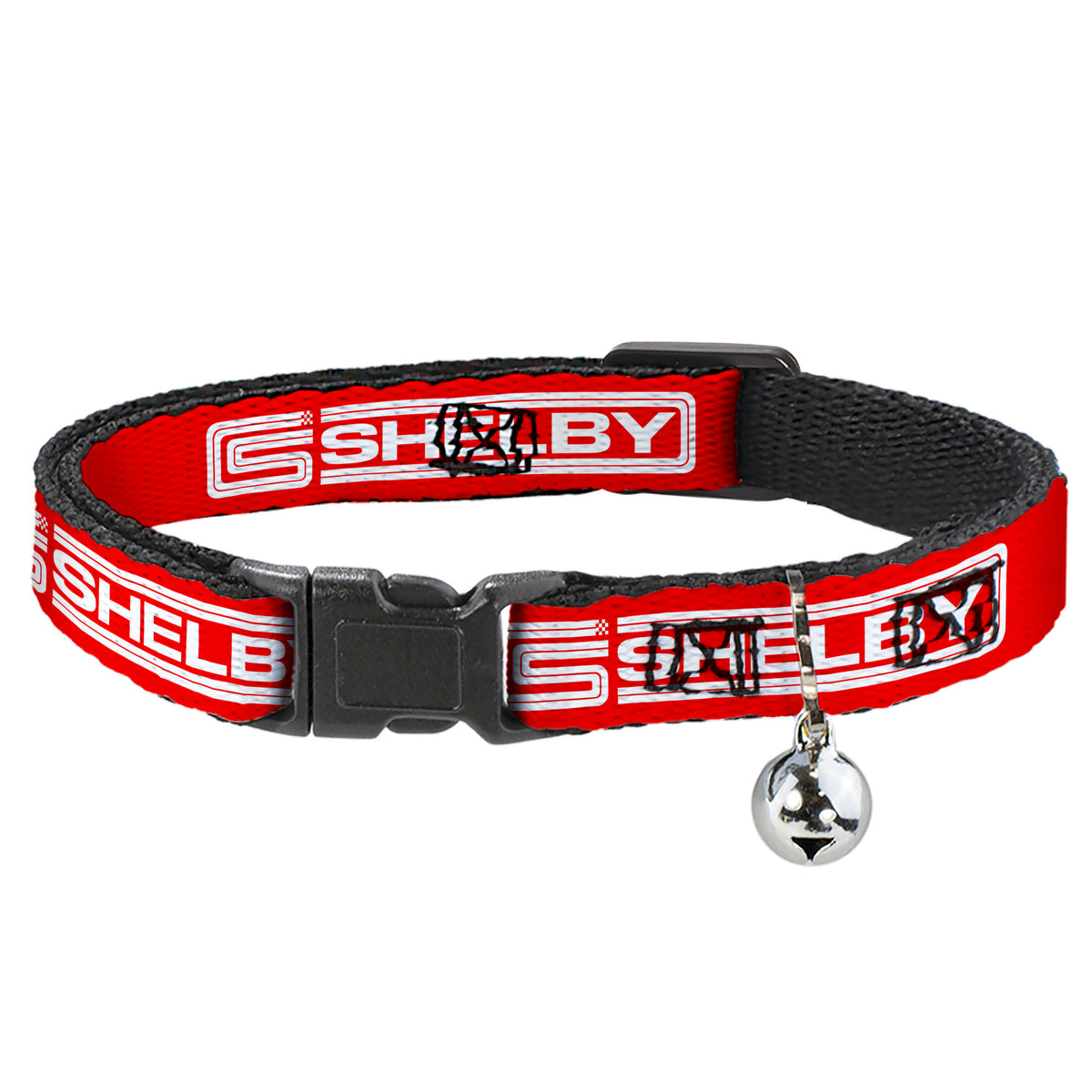 Cat Collar Breakaway with Bell - Carroll Shelby CS SHELBY Racing Logo Block Red White - NARROW Fits 8.5-12" Cat Collars Breakaway Side Release Shelby