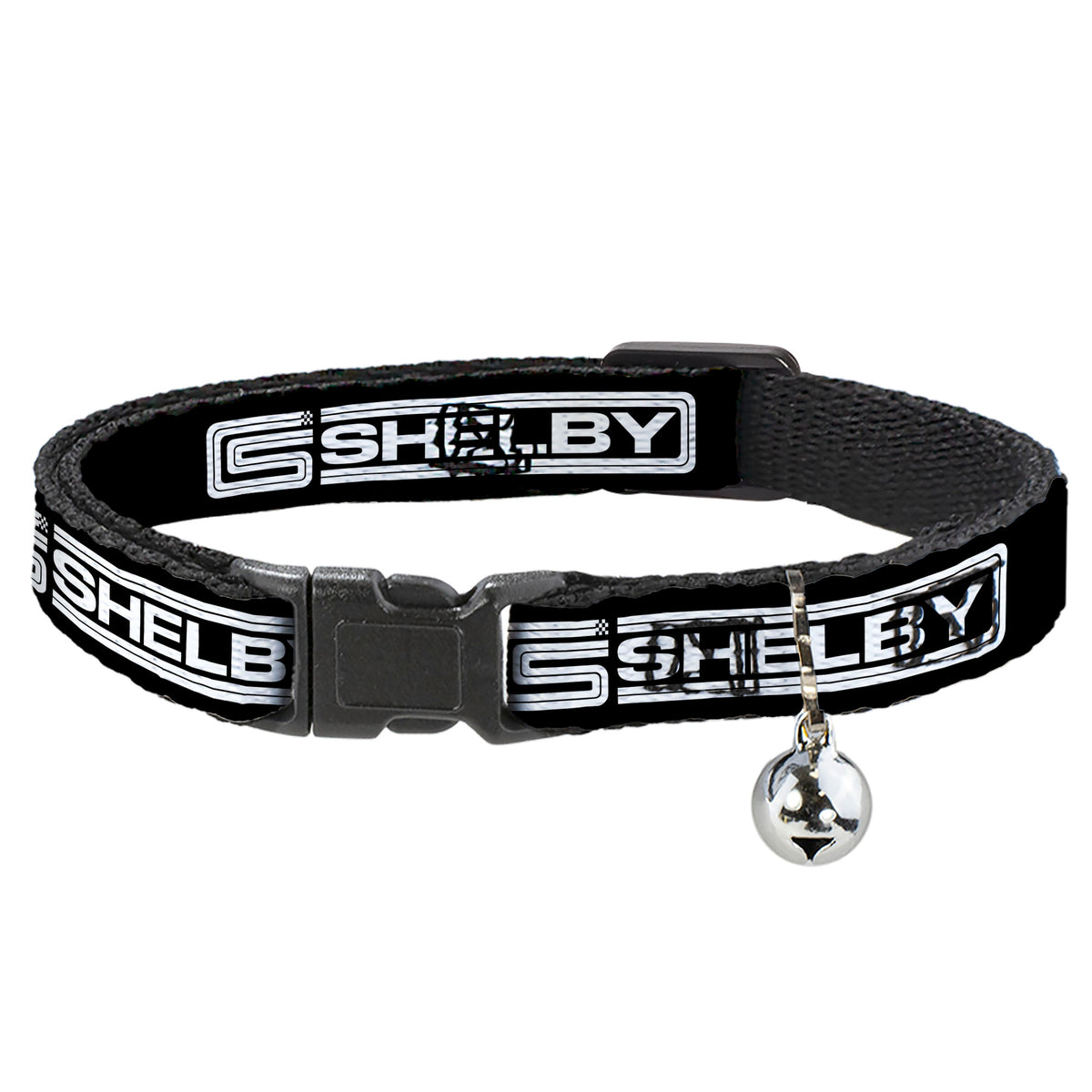 Cat Collar Breakaway with Bell - Carroll Shelby CS SHELBY Racing Logo Block Black White - NARROW Fits 8.5-12" Cat Collars Breakaway Side Release Shelby