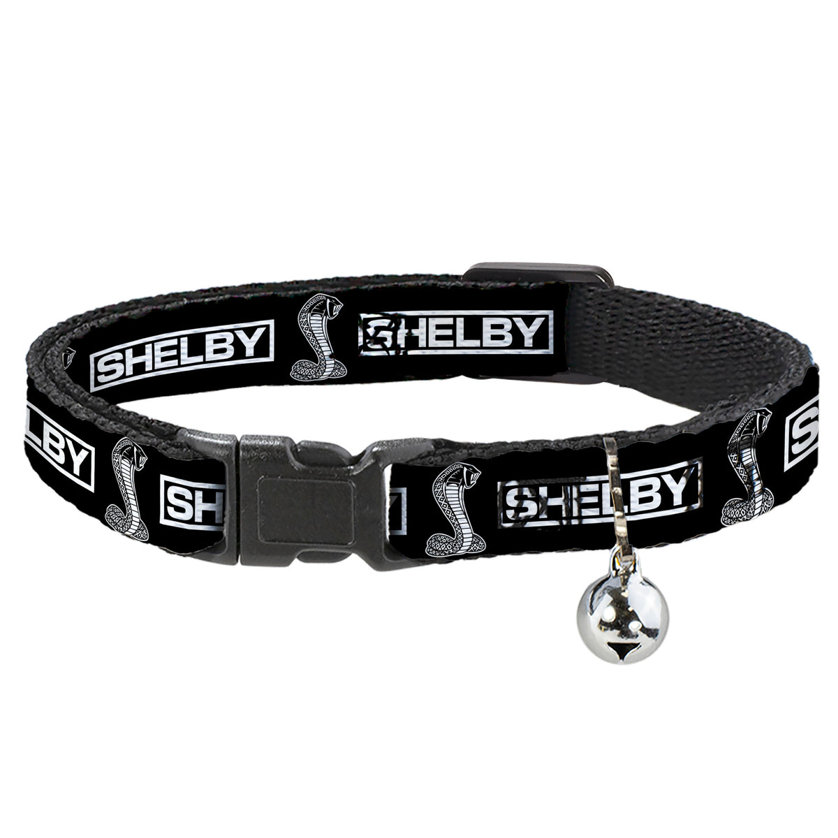 Cat Collar Breakaway with Bell - SHELBY Box Logo and Super Snake Cobra Black White - NARROW Fits 8.5-12" Cat Collars Breakaway Side Release Shelby
